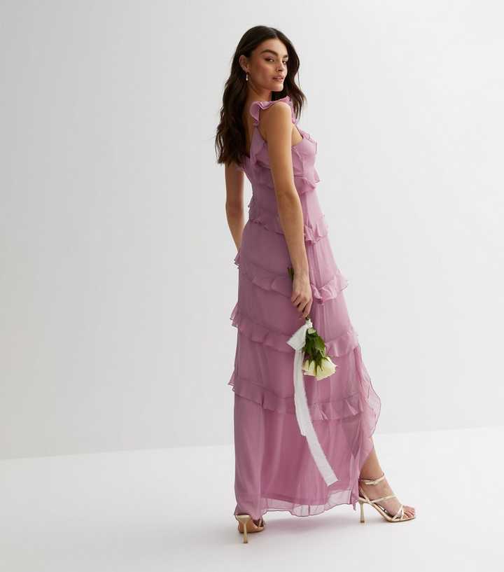 Lilac Chiffon Strappy Ruffle Trim Maxi Dress