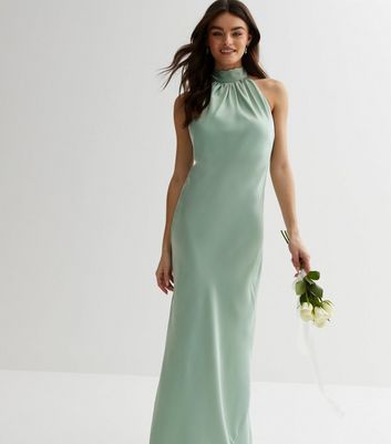 Buy Green Satin Plain Halter High Neck Jeanette Trail Dress For Women by  Deme by Gabriella Online at Aza Fashions.