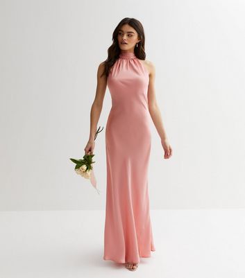 Pink Satin Halter Maxi Dress
