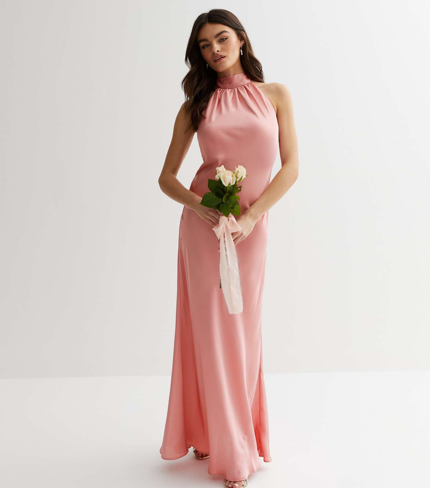 Pink Satin Halter Maxi Dress Image 3