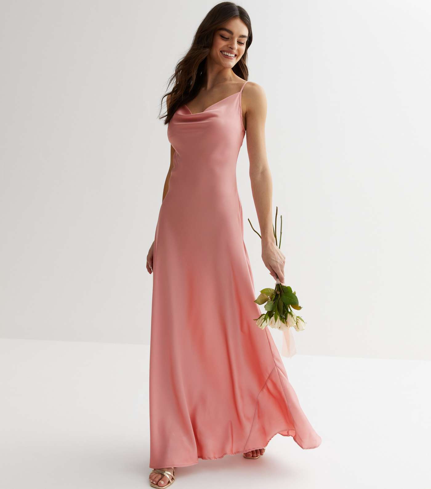 Pink Satin Cowl Neck Strappy Maxi Dress Image 3