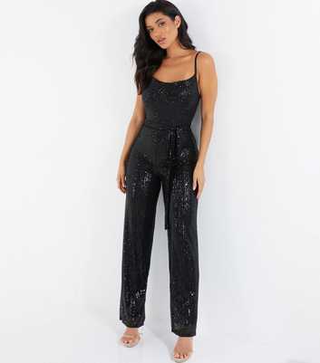 QUIZ Black Sequin Square Neck Strappy Belted Wide Leg Jumpsuit