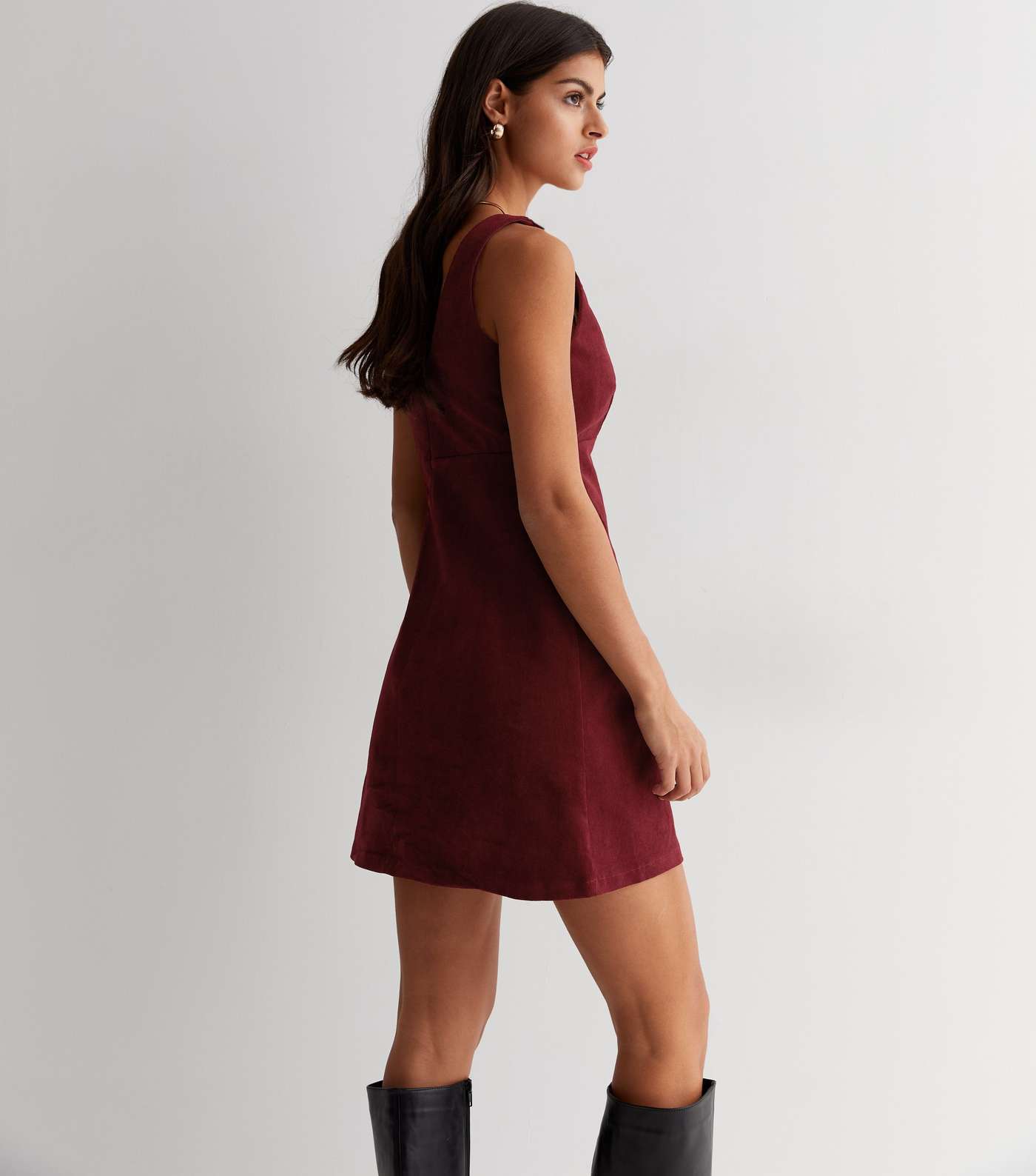 Burgundy Scoop Neck Stretch Cord Pinafore Dress Image 4