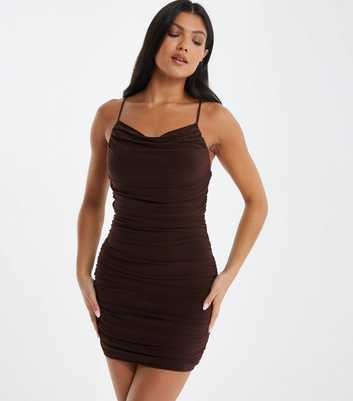 QUIZ Dark Brown Ruched Bodycon Mini Slip Dress