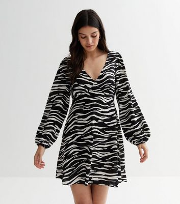 Black Zebra Print V Neck Long Sleeve Mini Dress