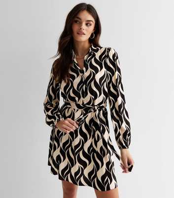 Black Geometric Doodle Print Belted Mini Shirt Dress