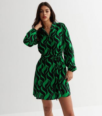 Green Geometric Doodle Print Belted Mini Shirt Dress New Look