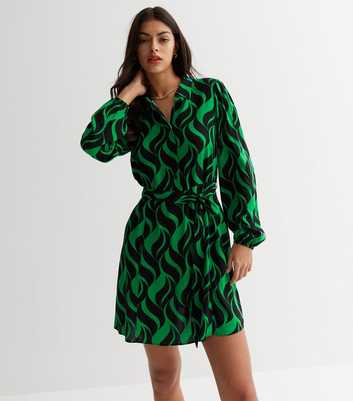 Green Geometric Doodle Print Belted Mini Shirt Dress