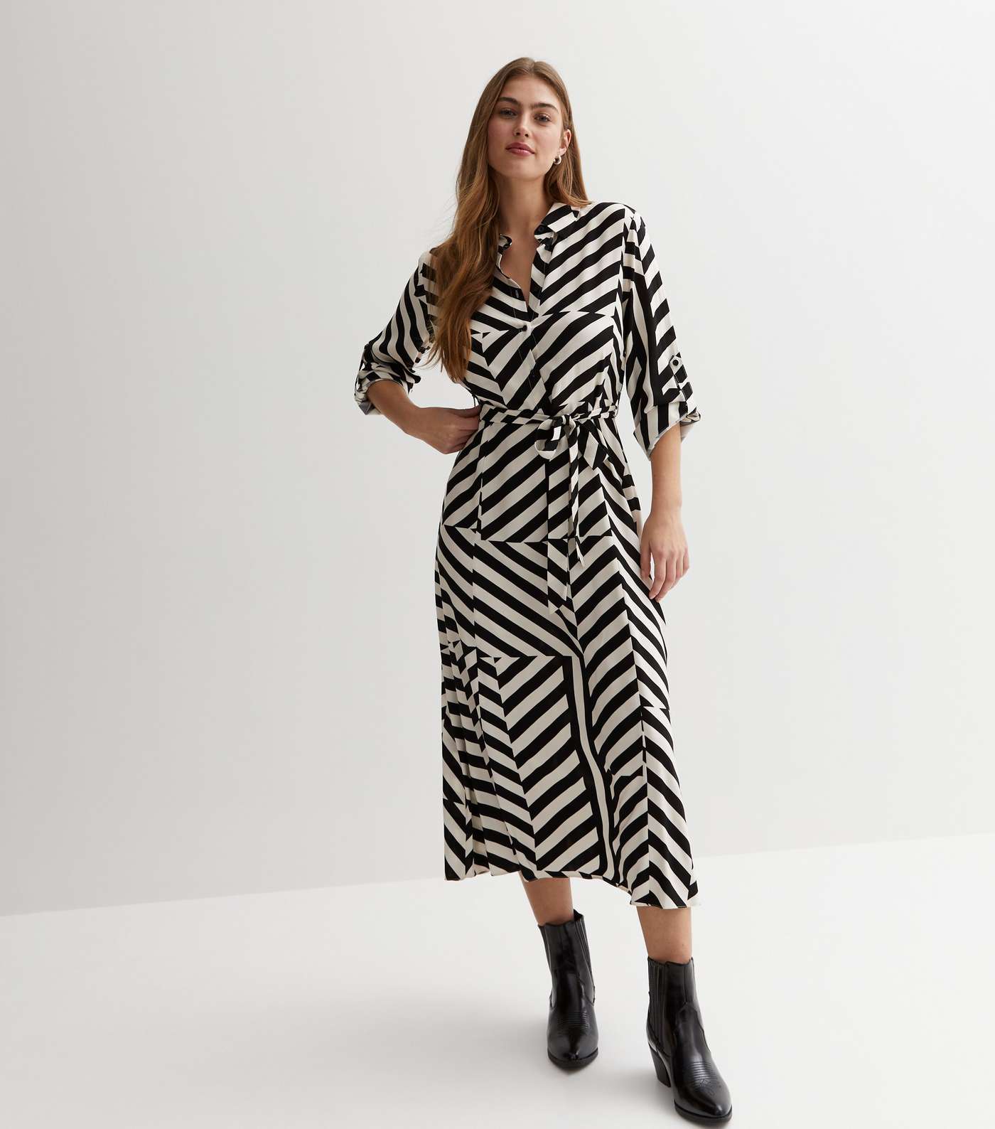 Black Geometric Stripe Roll Sleeve Midi Shirt Dress Image 3