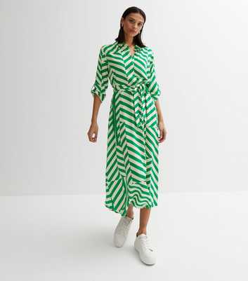 Green Geometric Stripe Roll Sleeve Midi Shirt Dress