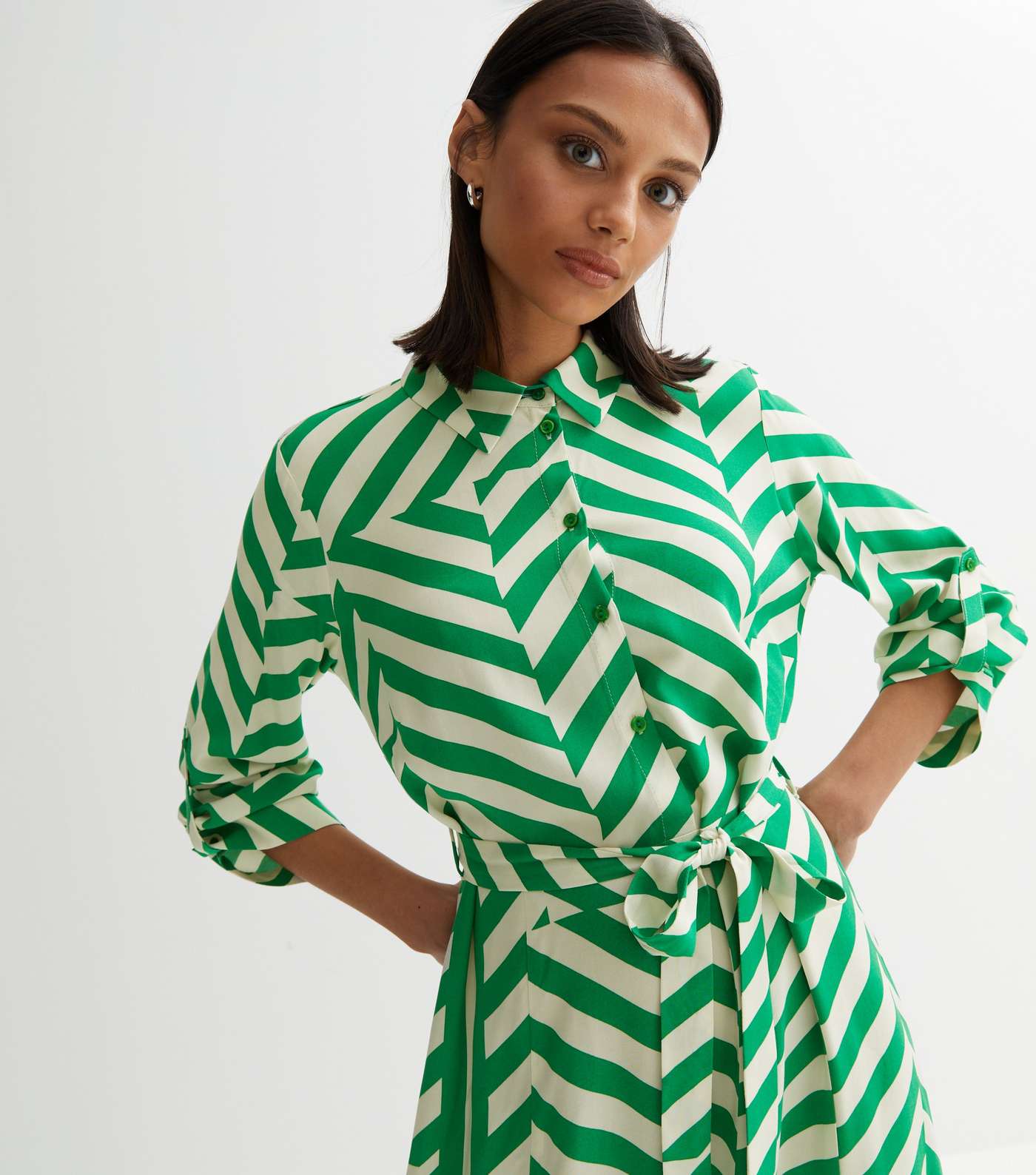 Green Geometric Stripe Roll Sleeve Midi Shirt Dress Image 2