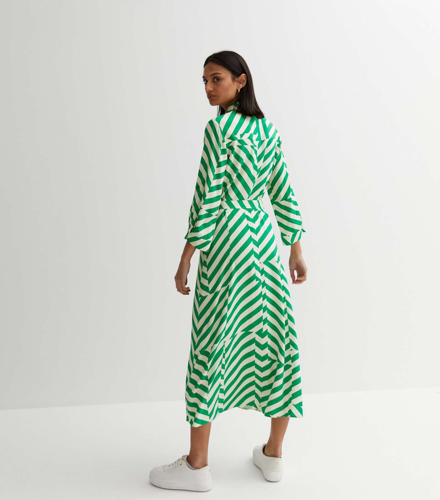 Green Geometric Stripe Roll Sleeve Midi Shirt Dress Image 4