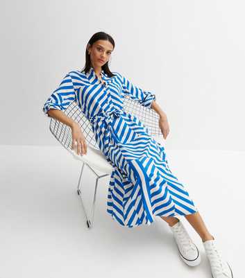 Blue Geometric Stripe Roll Sleeve Midi Shirt Dress