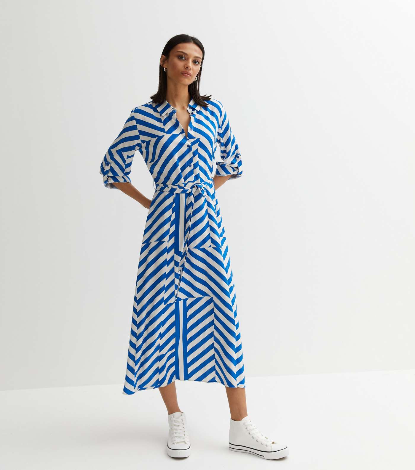Blue Geometric Stripe Roll Sleeve Midi Shirt Dress Image 3
