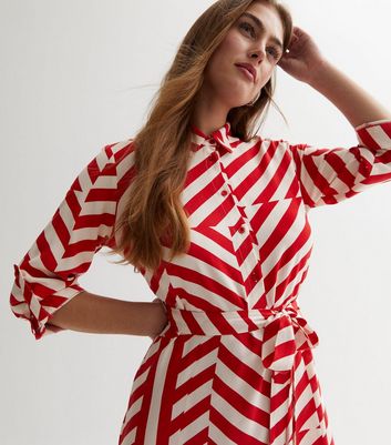 Red Geometric Stripe Roll Sleeve Midi Shirt Dress | New Look