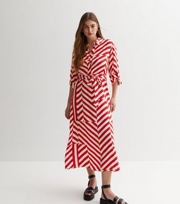 red geo print midi shirt dress