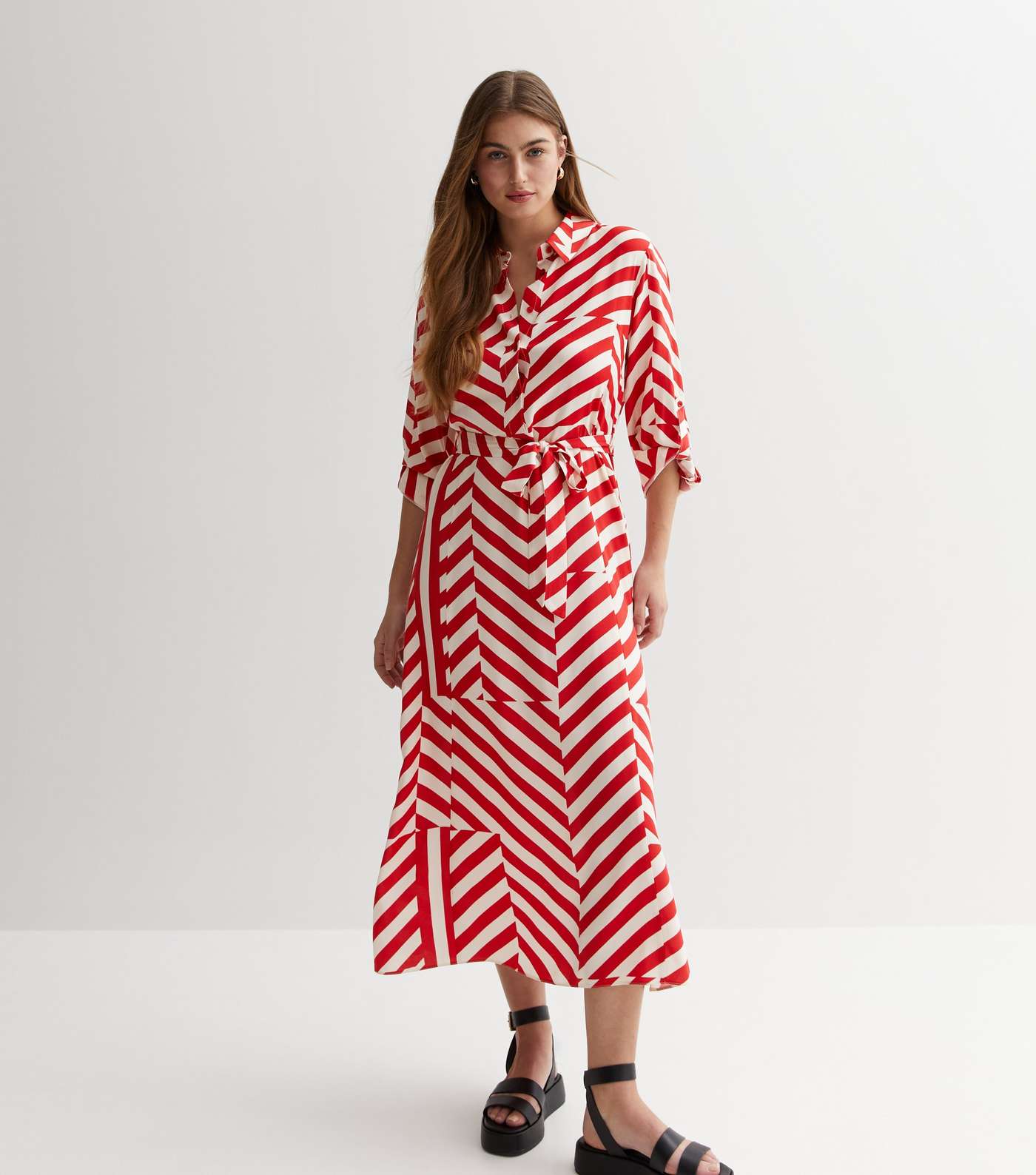Red Geometric Stripe Roll Sleeve Midi Shirt Dress Image 3
