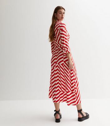 Red Geometric Sleeve Roll Midi Dress Stripe Look Shirt | New