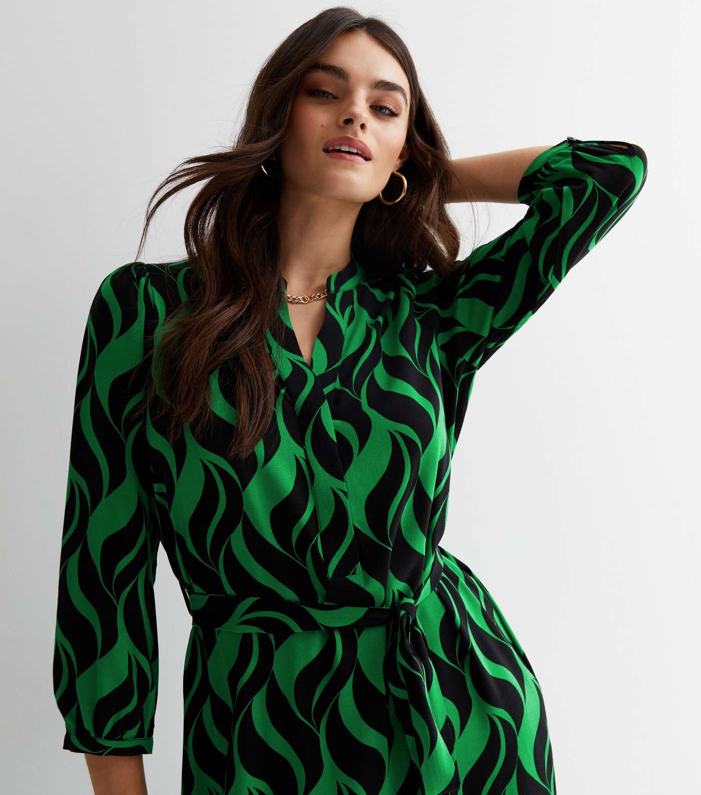 Green Geometric Doodle Print Puff Sleeve Midi Shirt Dress Image 3