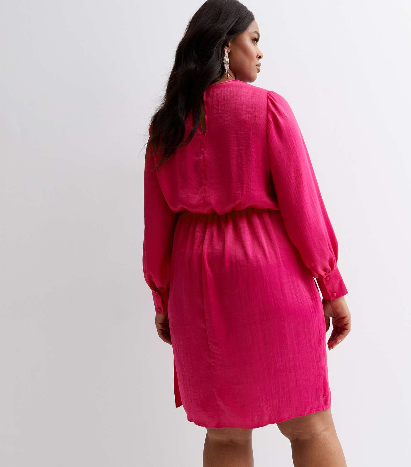 Curves Bright Pink Satin Crew Neck Long Sleeve Tie Waist Mini Dress Image 4