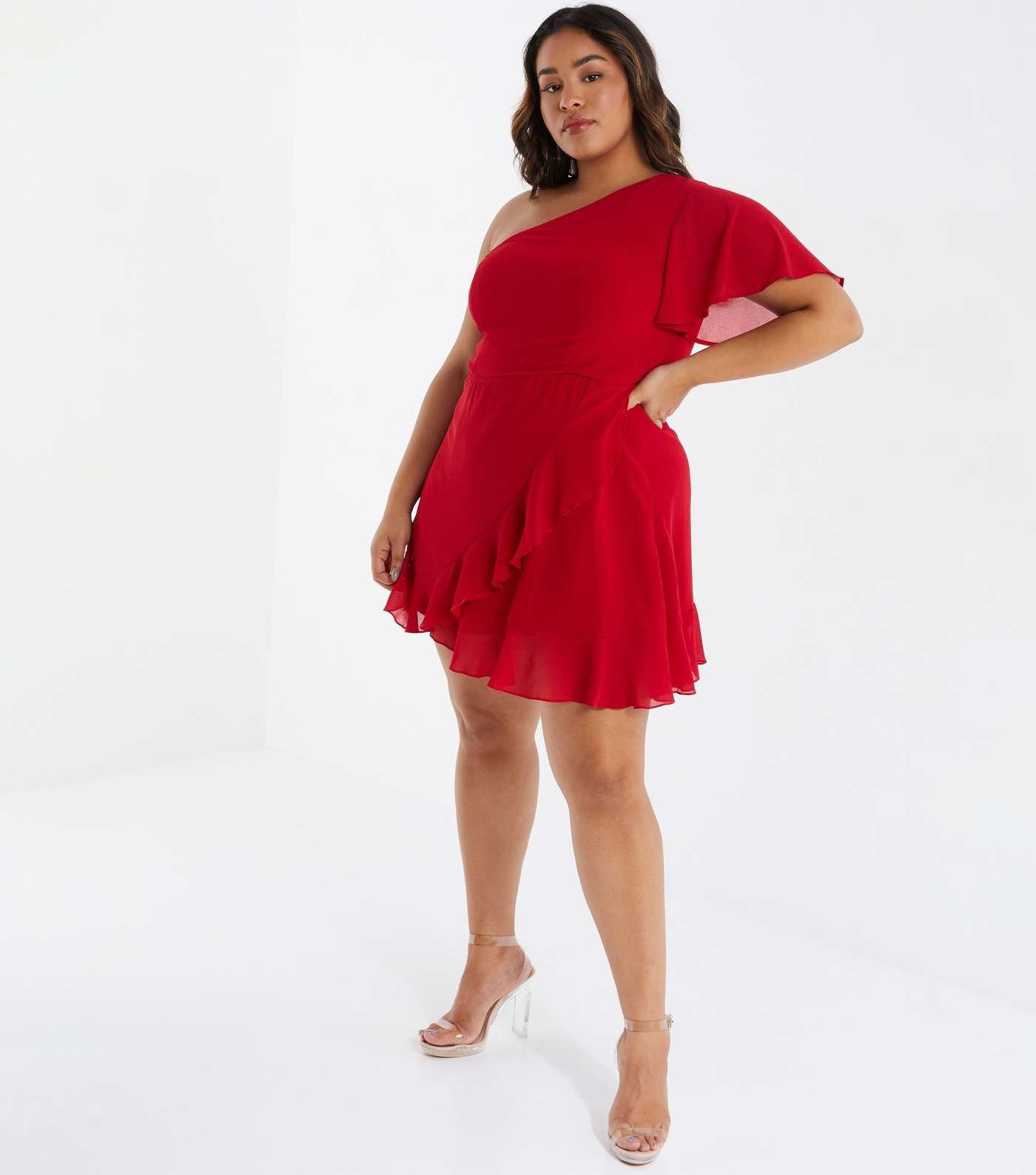 QUIZ Curves Dark Red Chiffon One Shoulder Mini Dress Image 2