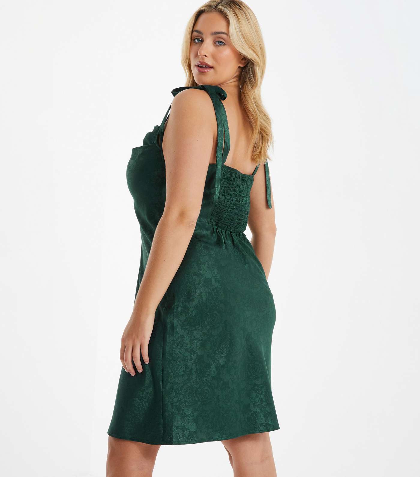 QUIZ Curves Green Floral Satin Tie Strappy Mini Slip Dress Image 3