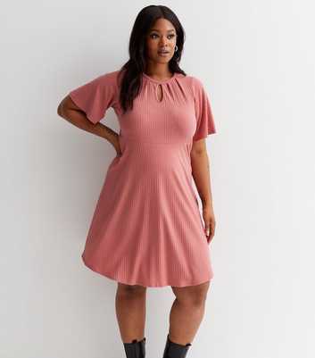 Curves Mid Pink Ribbed Jersey Short Sleeve Keyhole Mini Dress
