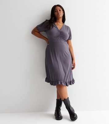 Curves Grey Ribbed Ruched Frill Hem Midi Dress