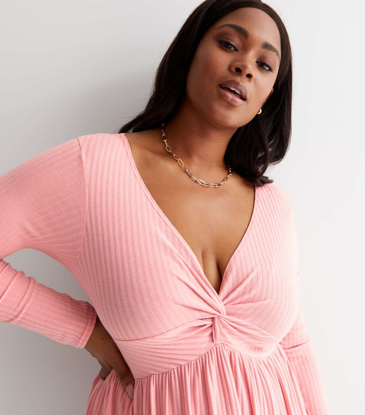 Curves Pink Ribbed Twist Front Midi Dress Image 3