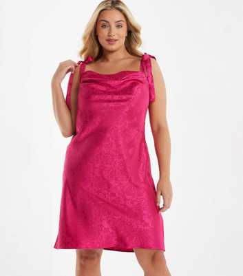 QUIZ Curves Bright Pink Floral Satin Tie Strappy Mini Slip Dress