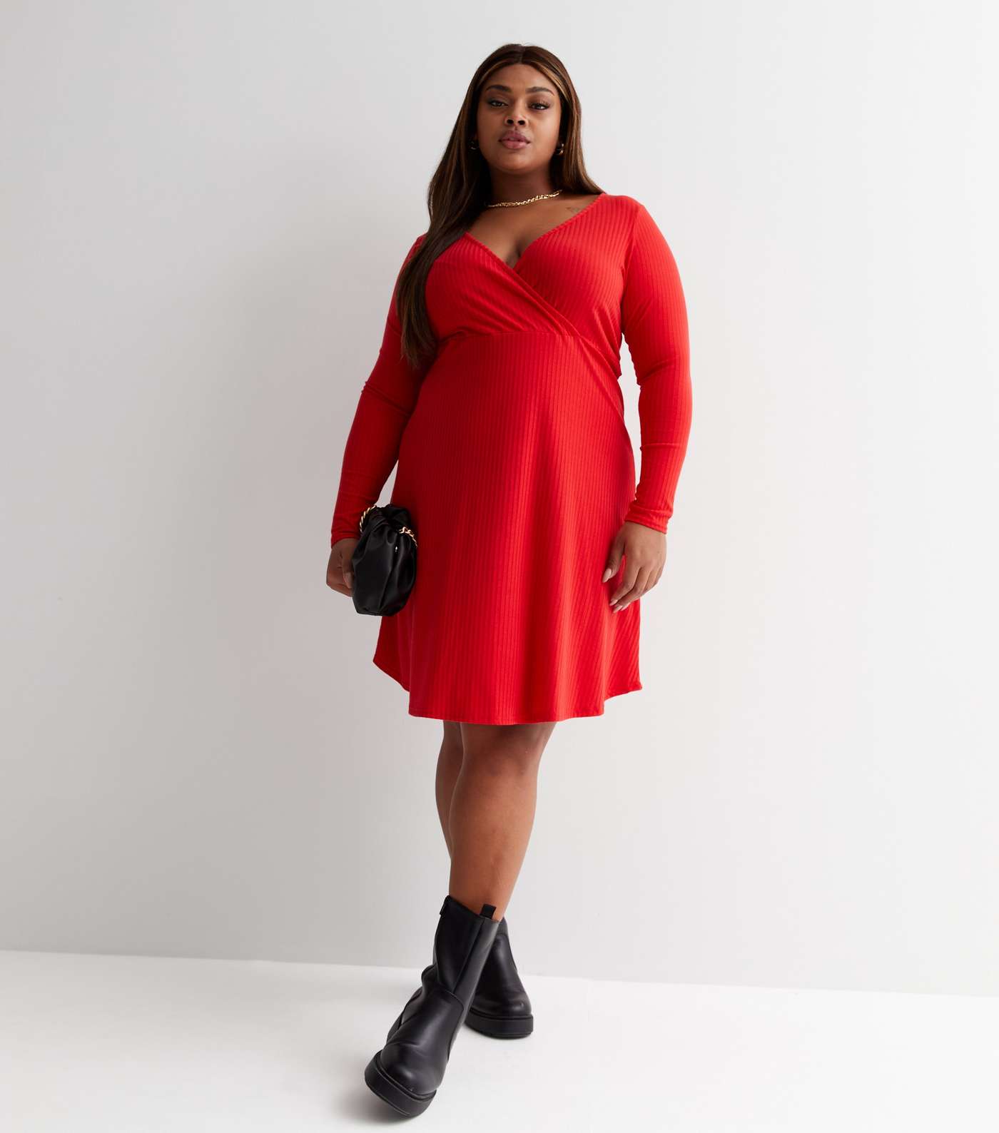 Curves Red Ribbed Jersey V Neck Long Sleeve Mini Wrap Dress Image 2