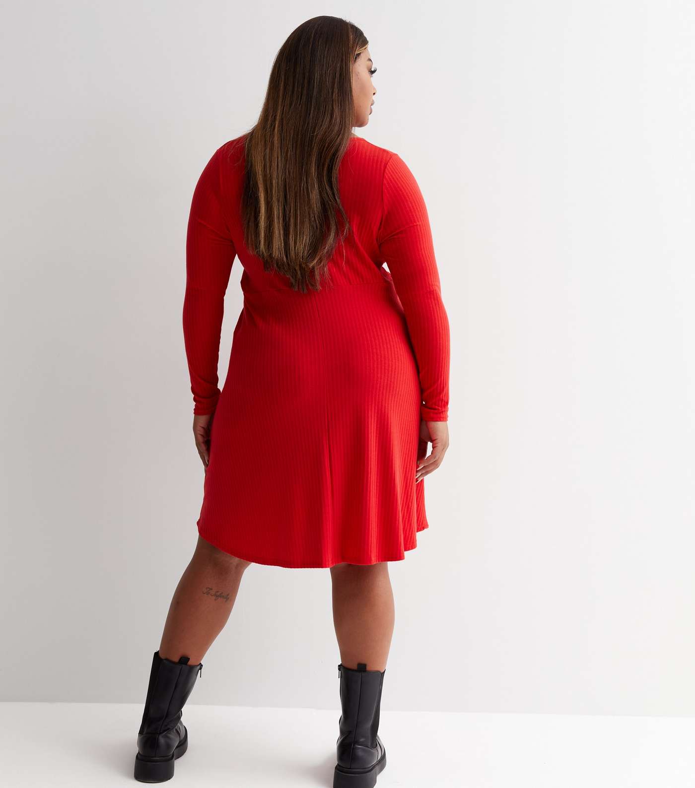 Curves Red Ribbed Jersey V Neck Long Sleeve Mini Wrap Dress Image 4