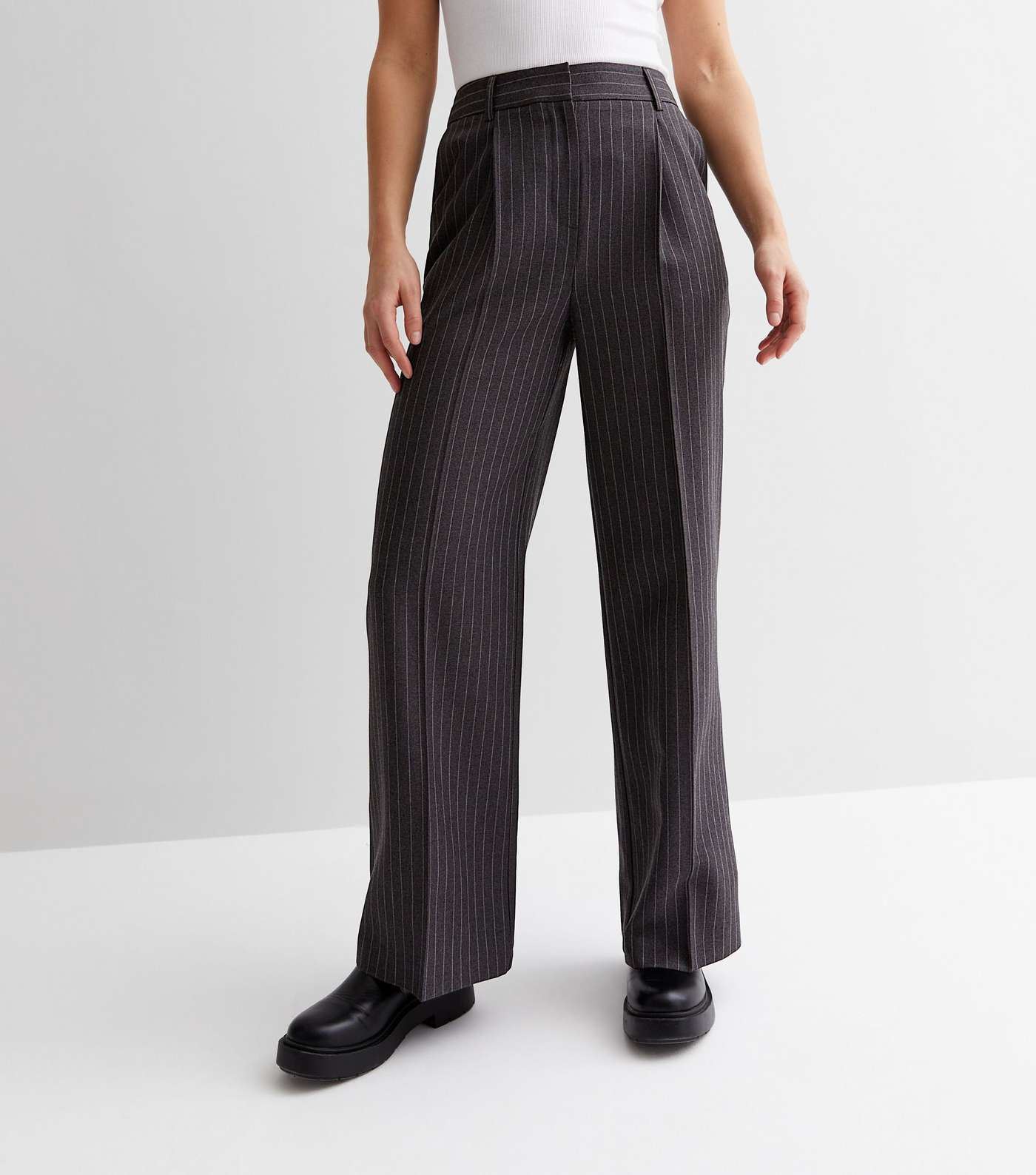 Dark Grey Pinstripe High Waist Wide Leg Trousers Image 3