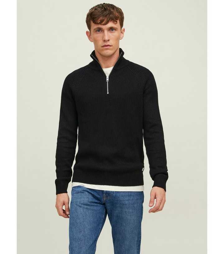 Jack u0026 Jones Black Knit 1/2 Zip High Neck Jumper | New Look