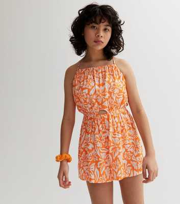 Girls Orange Floral Cheesecloth Cut Out Cross Back Playsuit