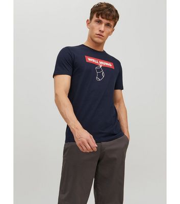 Men's Jack & Jones Navy Well Hung Stocking Logo T-Shirt New Look
