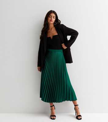 Dark Green Satin Pleated Midi Skirt
