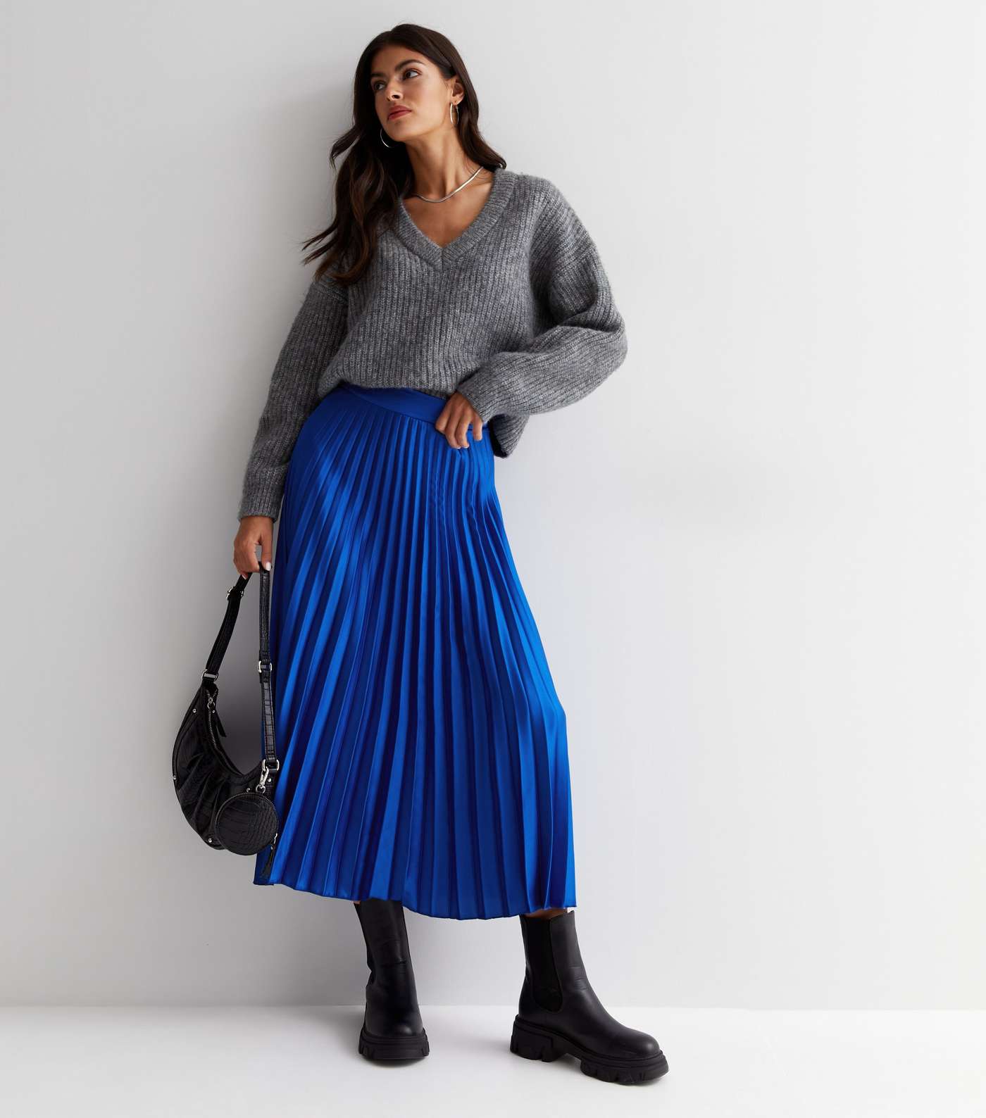 Blue Satin Pleated Midi Skirt