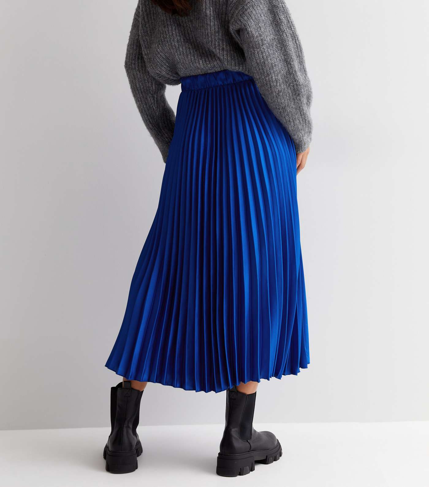 Blue Satin Pleated Midi Skirt Image 3