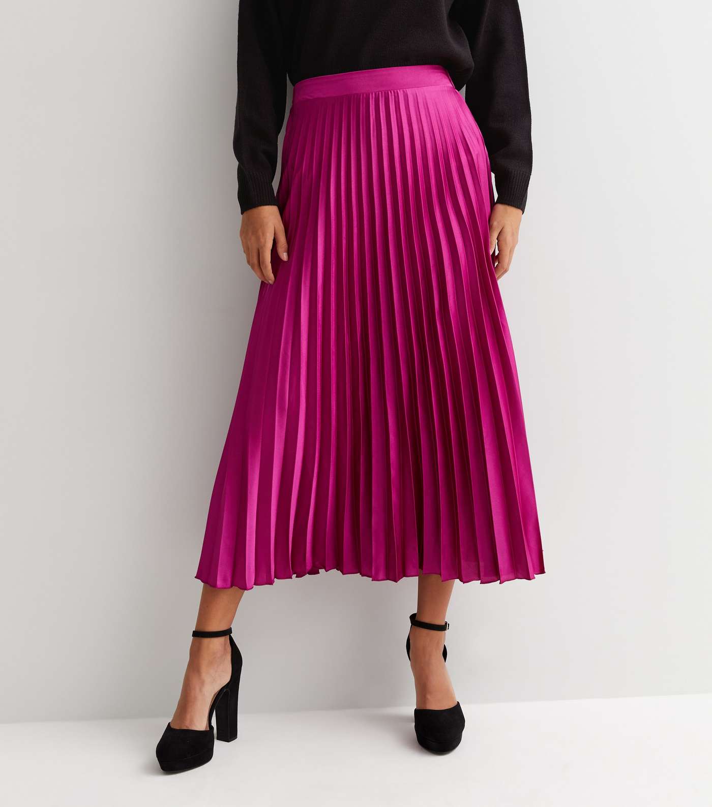 Deep Pink Satin Pleated Midi Skirt Image 2