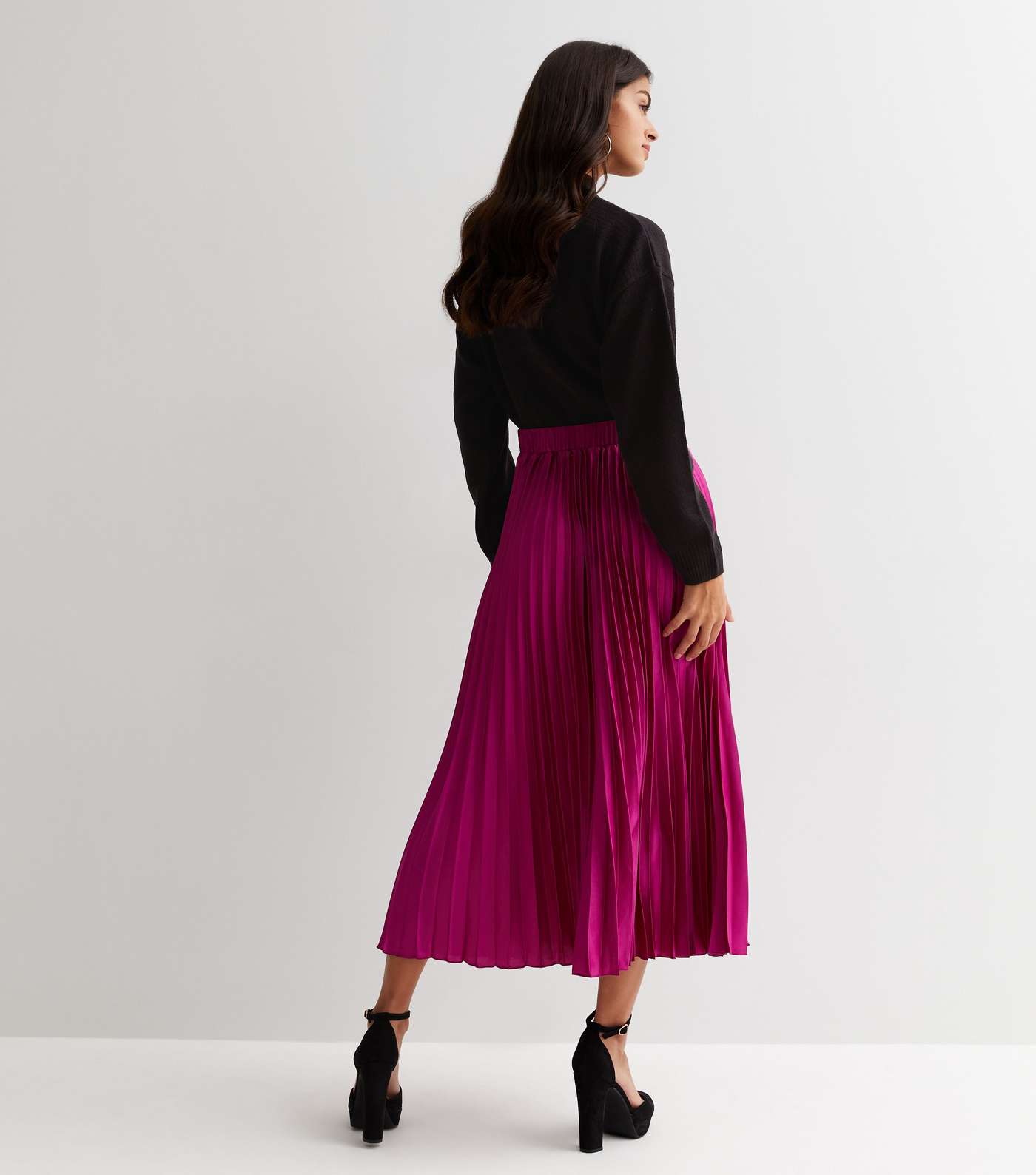 Deep Pink Satin Pleated Midi Skirt Image 4