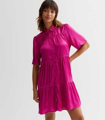 JDY Bright Pink Satin Tiered Mini Shirt Dress