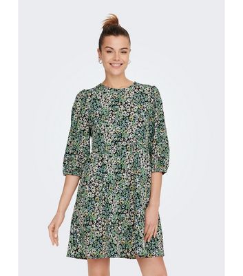 JDY Green Floral Crew Neck 3 4 Sleeve Mini Dress New Look