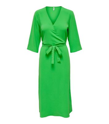 JDY Green 3/4 Sleeve Midi Wrap Dress New Look