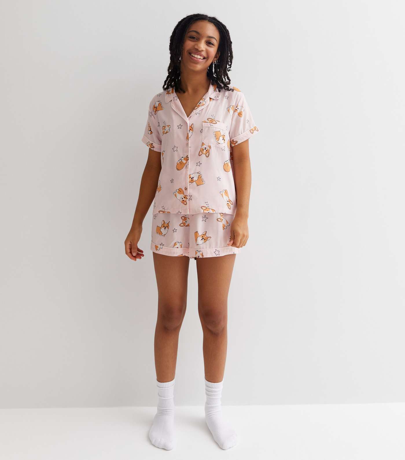 Girls Pink Short Pyjama Set with Corgi Print