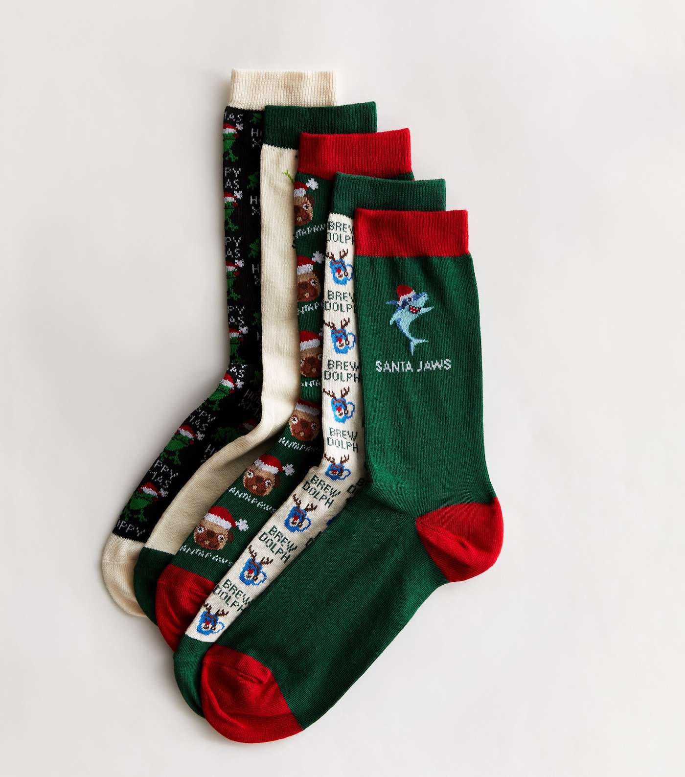 5 Pack Dark Green Black and White Mixed Christmas Socks