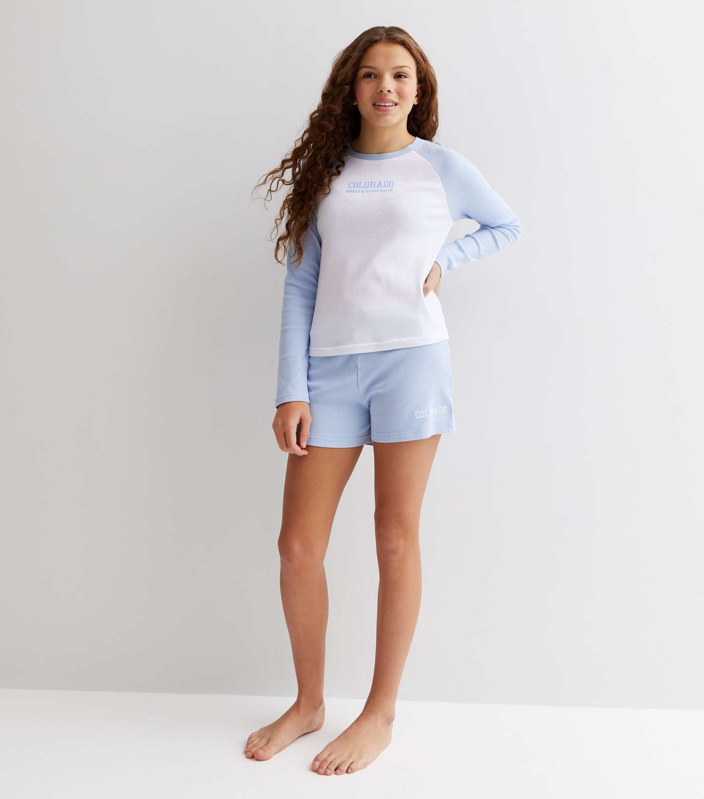Girls Blue Ribbed Long Raglan Sleeve Pyjama Set with Colorado Logo