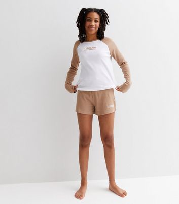 Girls Brown Ribbed Long Raglan Sleeve Pyjama Set with Colorado Logo