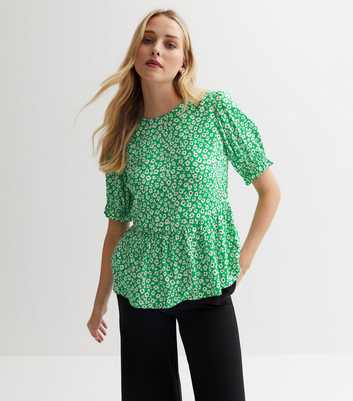 Green Floral Short Puff Sleeve Peplum Top