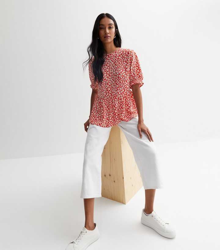 Red Floral Short Puff Sleeve Peplum Top | New Look